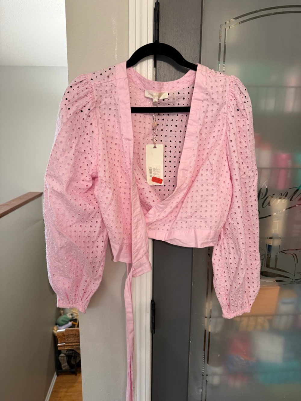 LoveShackFancy Light Pink Eyelet Wrap Blouse with Puff Sleeves
